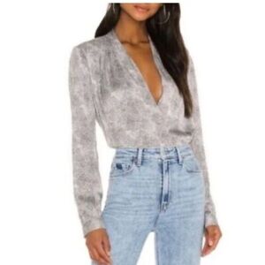 Paige Sevilla Bodysuit Silver Snake Python Plunge Front Blouse.